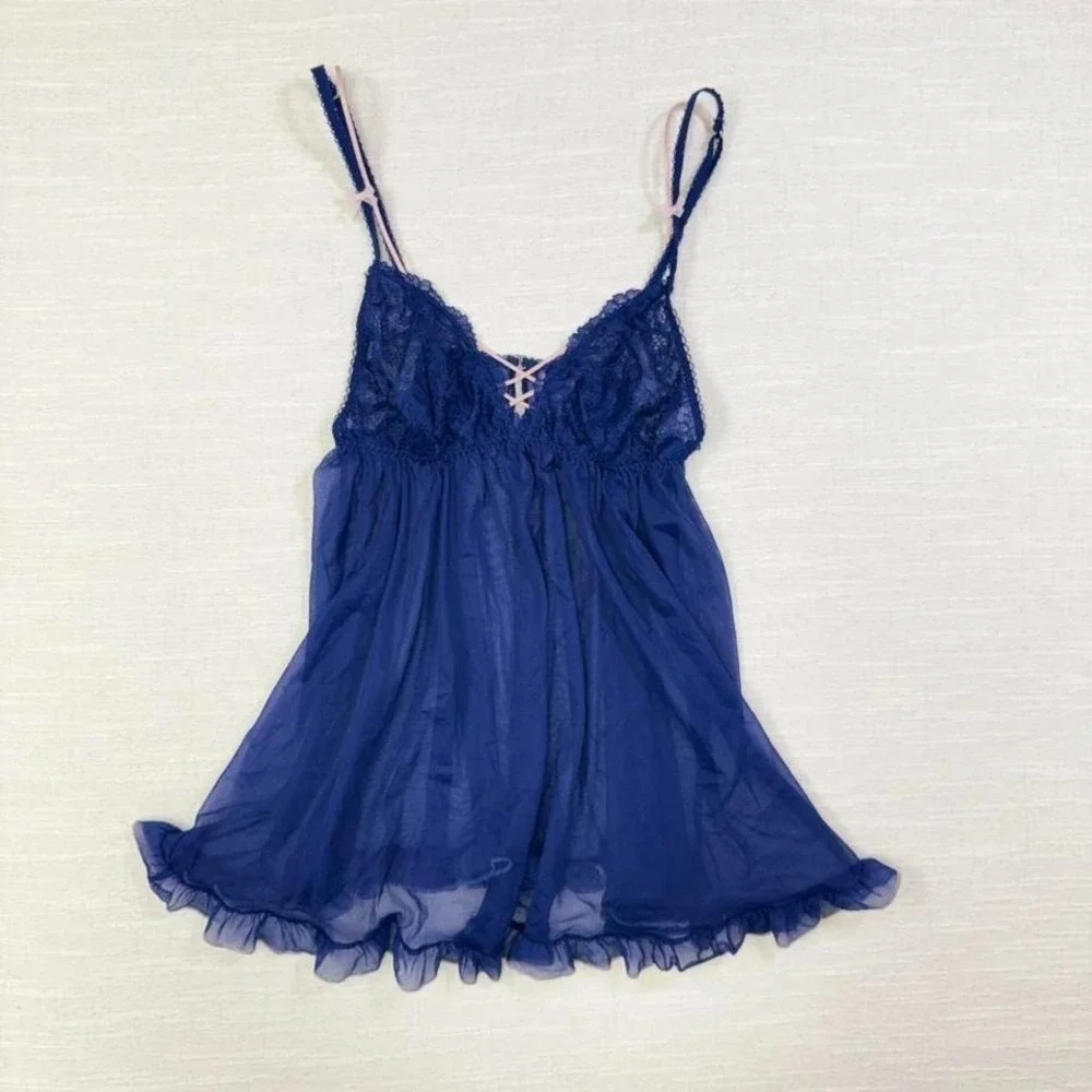 Vintage Victoria Secret Sheer‎ Babydoll Lingerie Blue Lace Y2K Womens M
